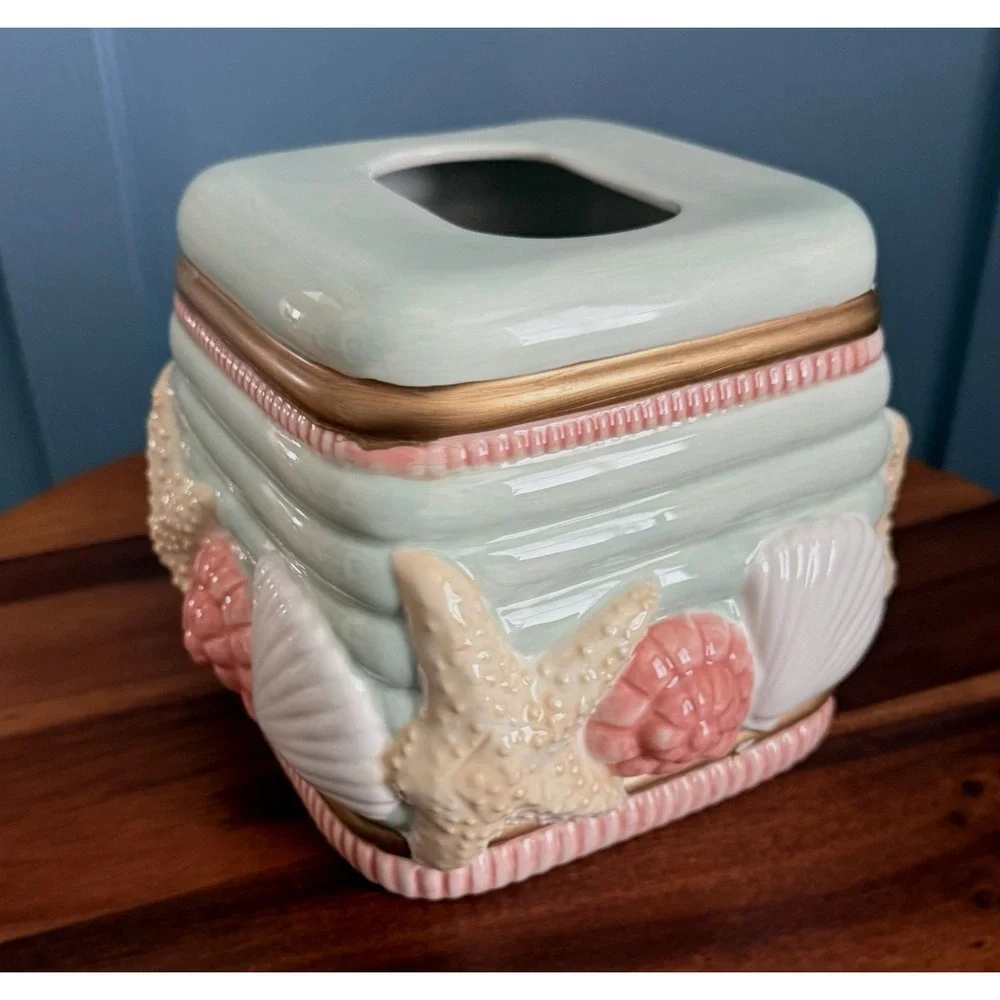Vintage 80's Seashell Tissue Box Cover Sharry Holiday Coastal‎ Pastel Ceramic